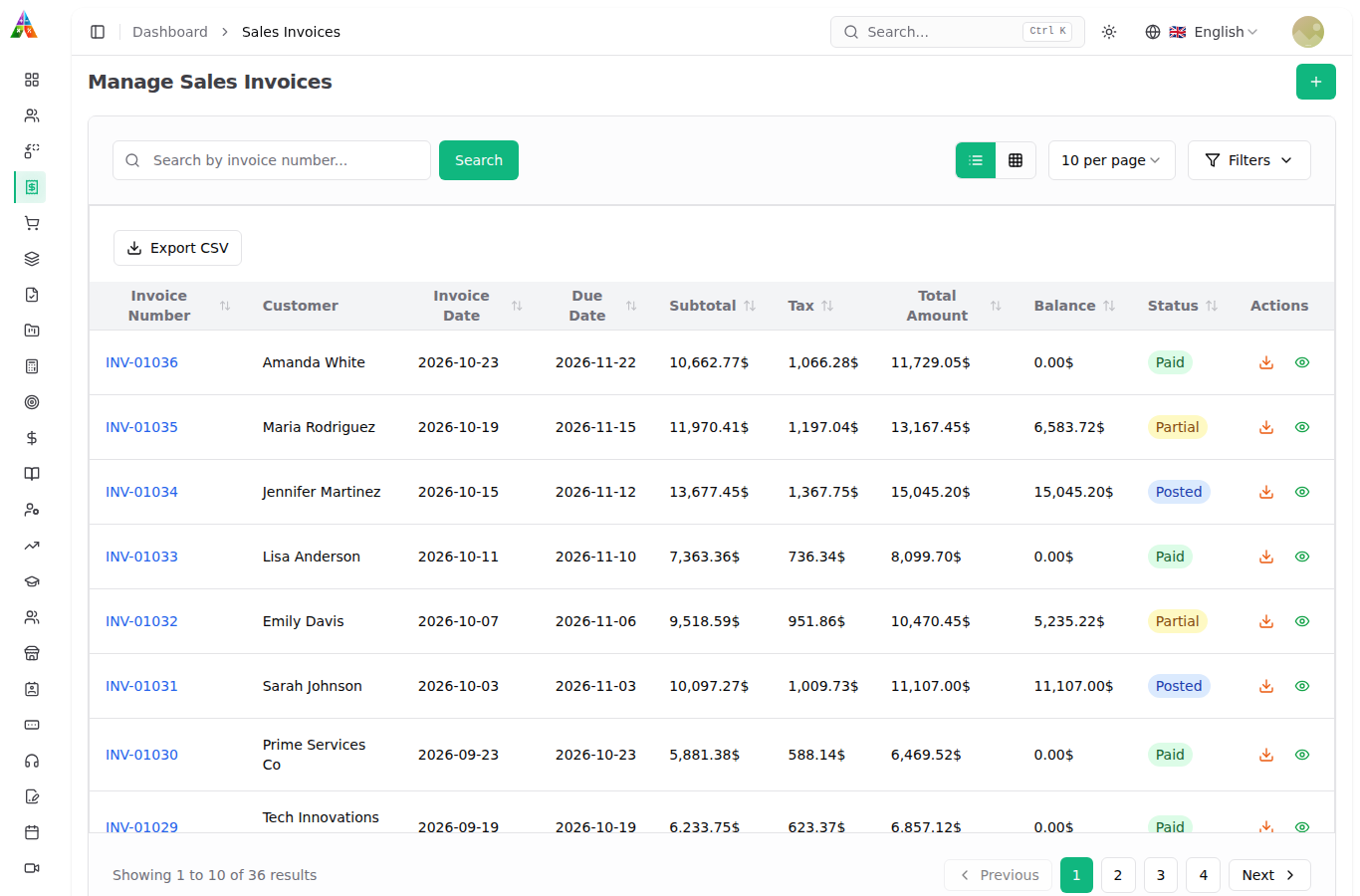 Accountou ERP sales invoice list with totals, balances and paid, partial and posted statuses