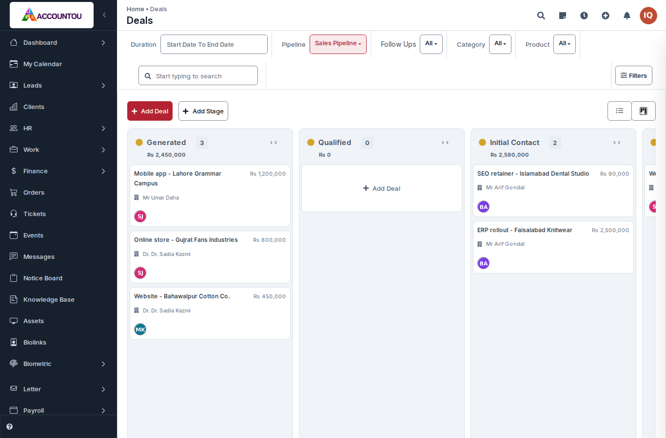 Accountou WM deals pipeline with deal values per stage