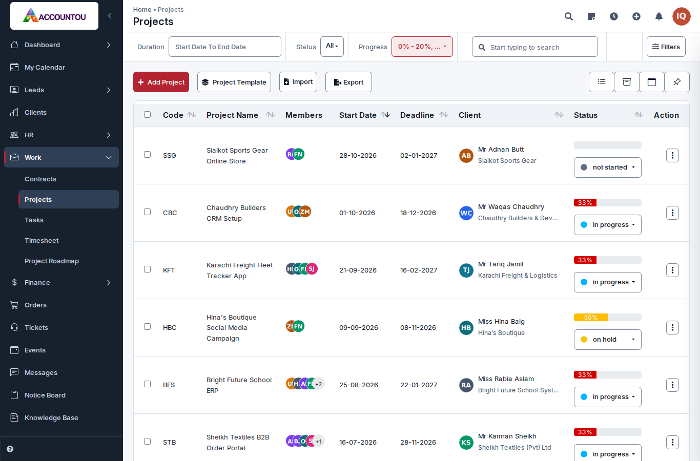 Accountou WM project list with members, deadlines, clients, progress and status